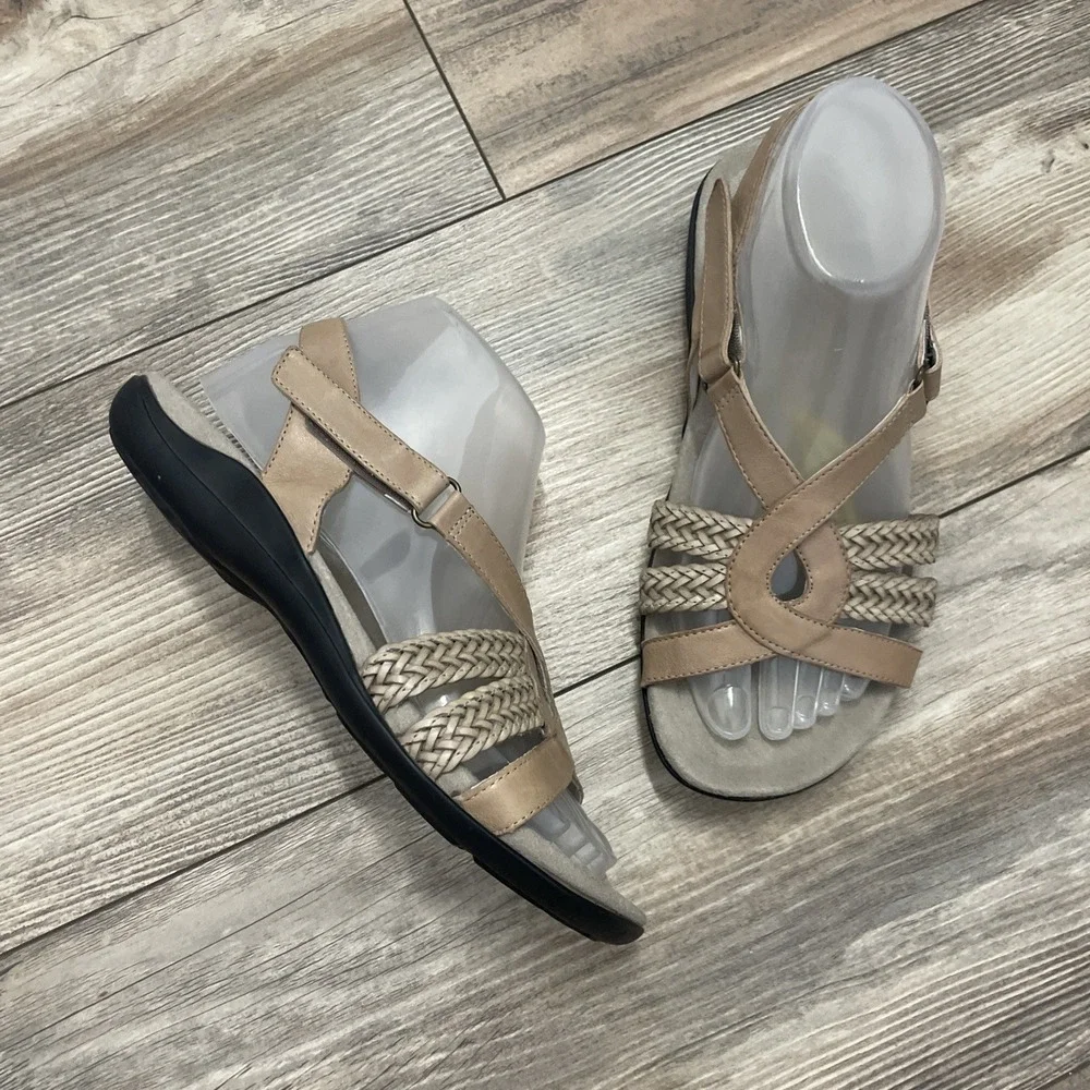 Abeo Betsy Sandals Women 7.5N‎ Tan Leather Strappy Slide Boho Comfort Summer